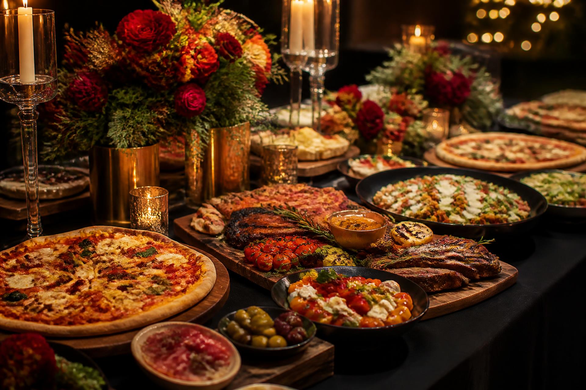 Lyxigt cateringbord dukat med pizzor, grill och sallader